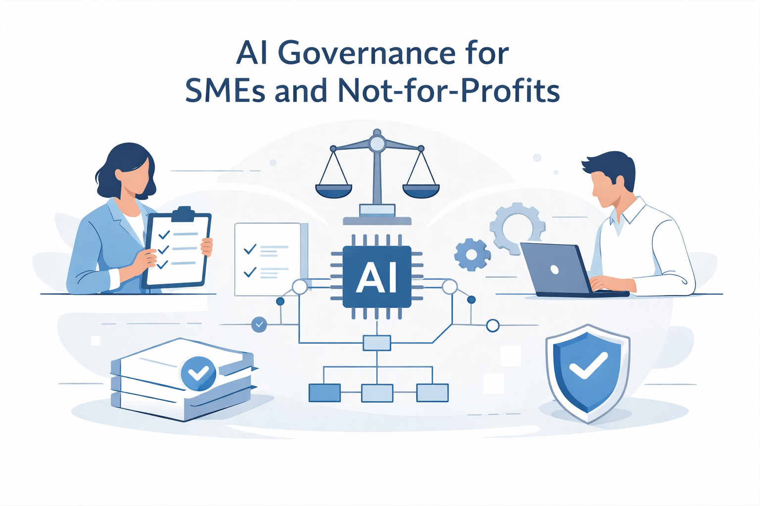 Clean, minimalist illustration showing AI governance concepts with abstract professionals, checklists, documents, and a central AI chip, using soft blue and grey tones to convey trust and structure for Small and Medium Businesses and not-for-profits.
