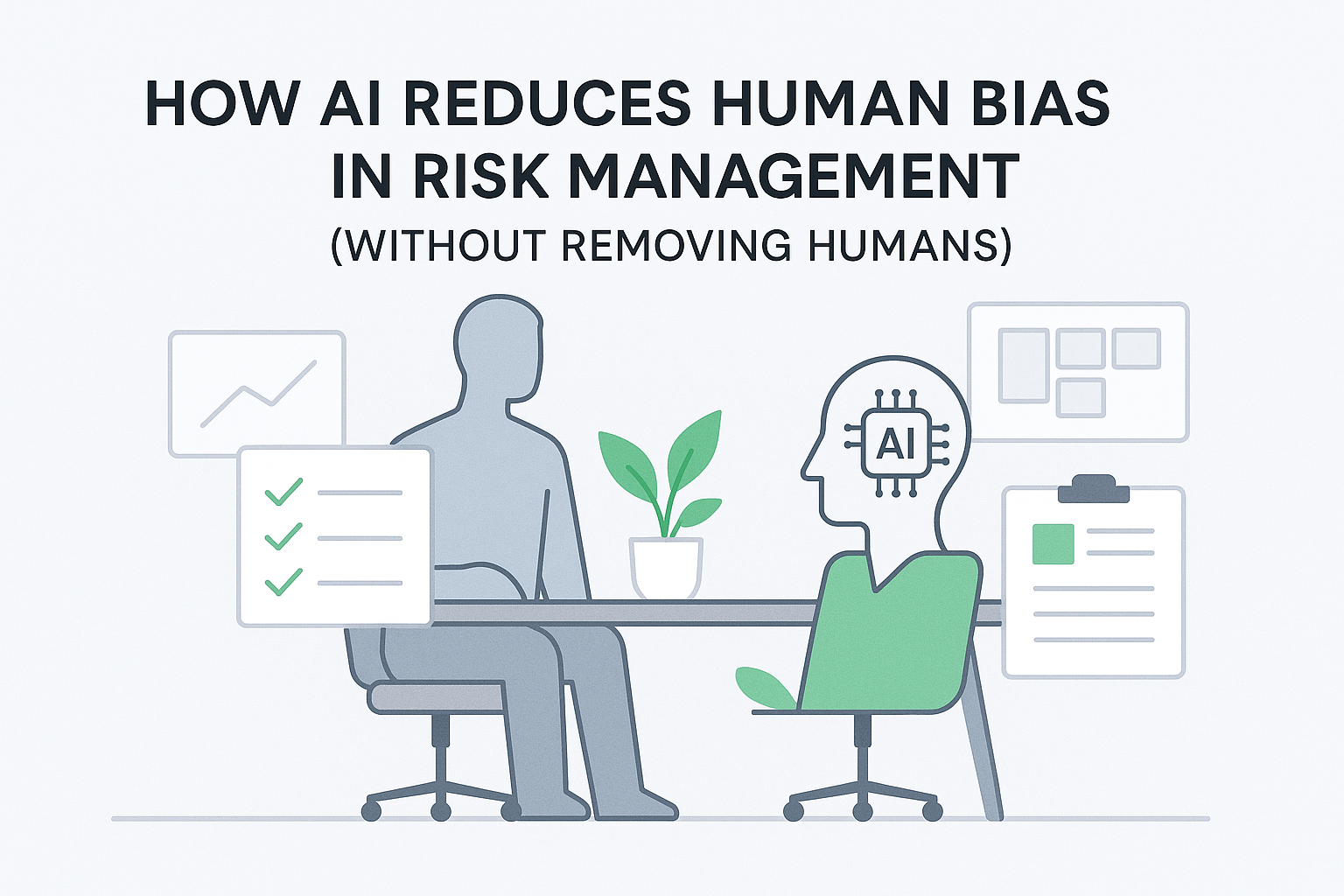 Minimalist illustration of a modern meeting room showing a human outline and an AI figure sitting at a table together. Around them are simple icons representing checklists, documents, and dashboards in soft blues and greys with green highlights, reflecting collaboration between humans and AI in risk management.