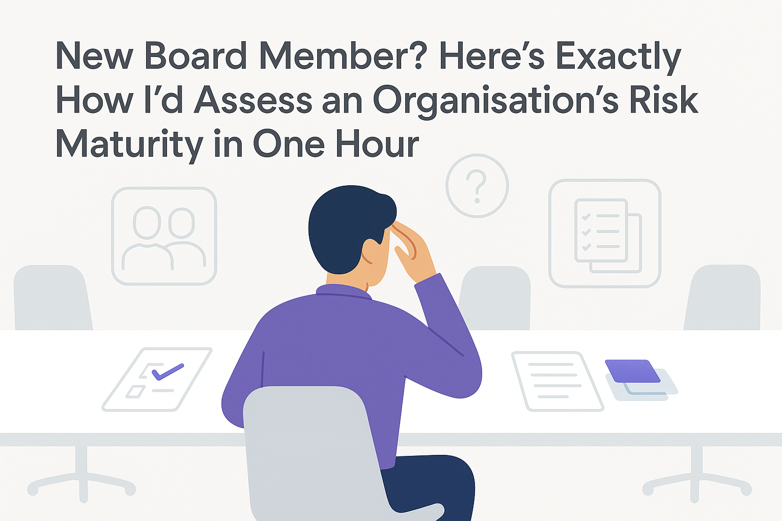 A minimalist, flat-style illustration of a new board member sitting in a light, modern boardroom, looking at organised documents and abstract icons representing checklists, people, and questions. Soft blues, greys, and white dominate the scene, with subtle purple highlights.