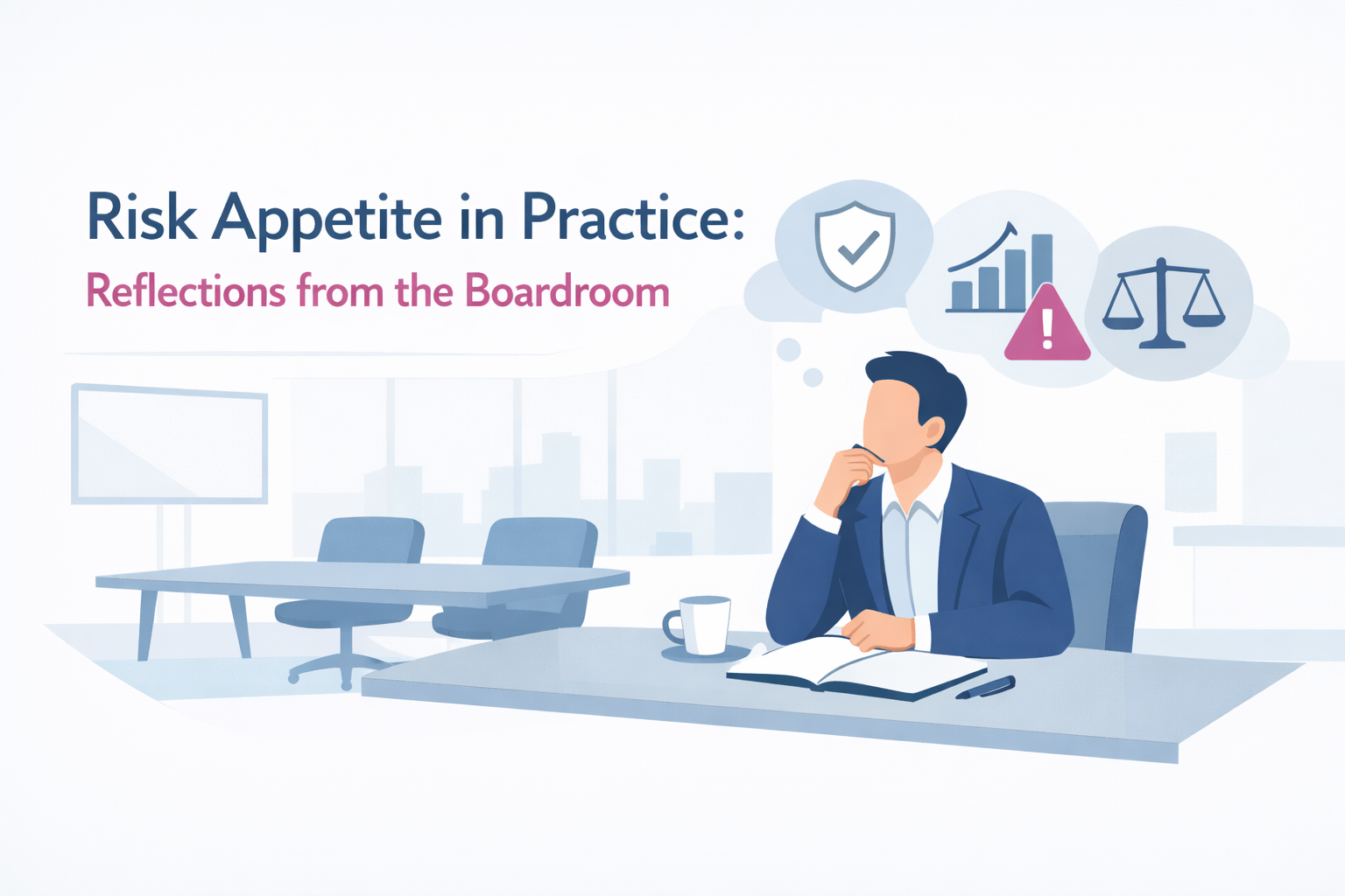 Board member reflecting in a modern boardroom with abstract risk and governance icons.