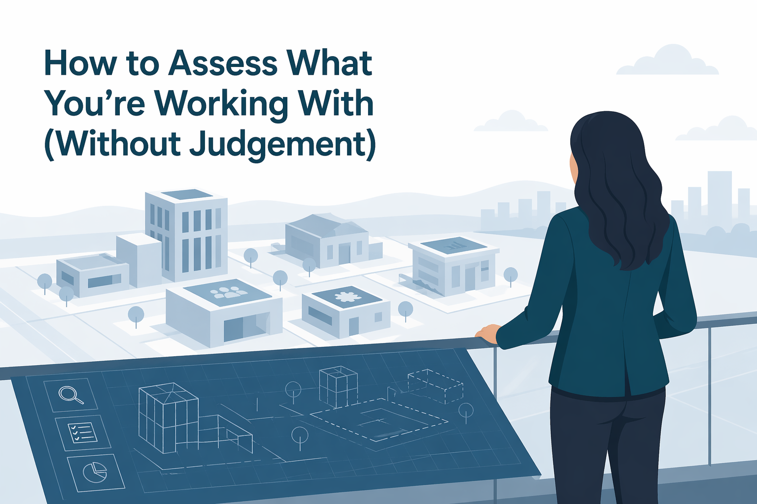 Minimalist illustration of a finance manager reviewing risk documents at a desk