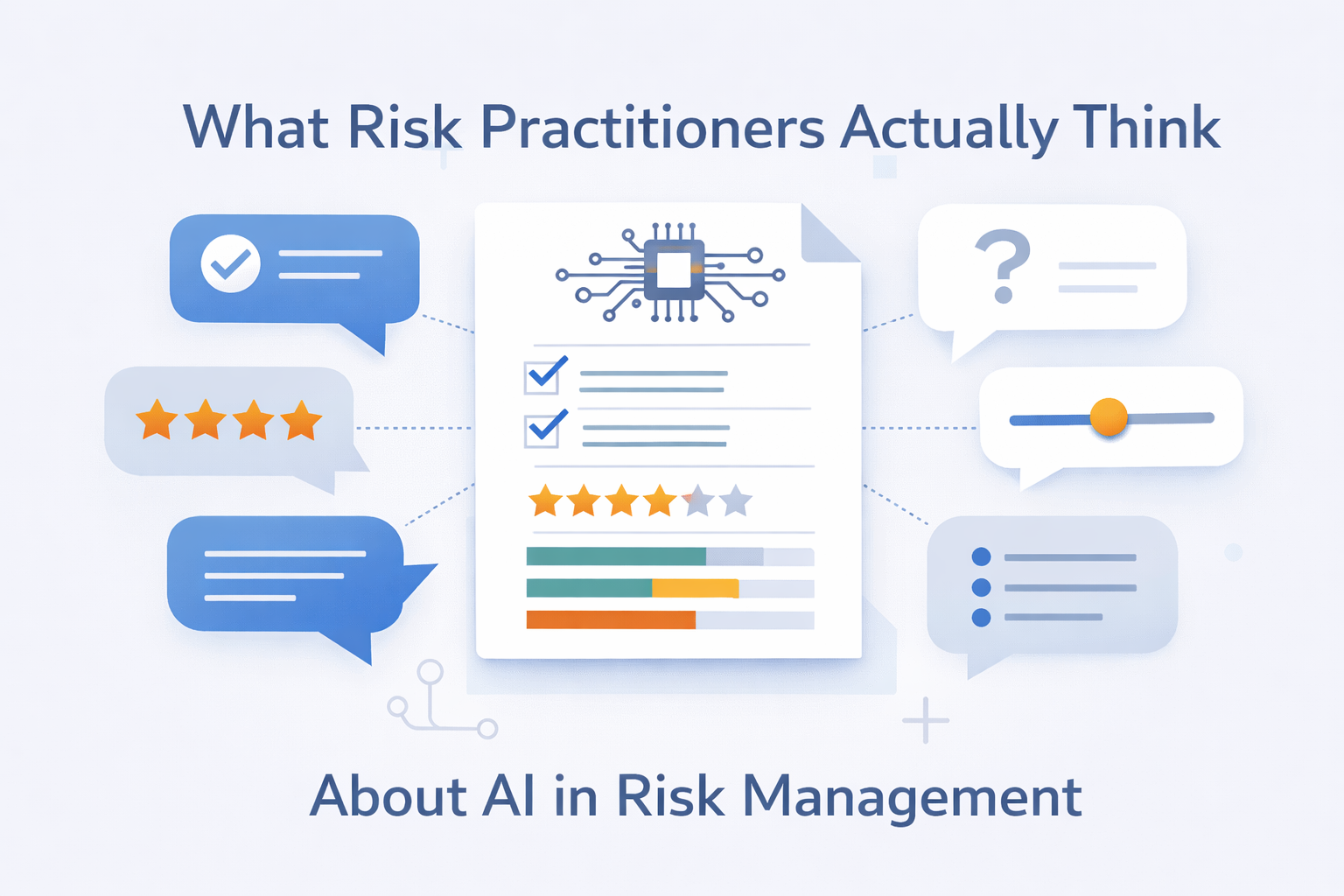 Minimalist illustration of speech bubbles converging on a central document with subtle AI circuit motifs, representing practitioner feedback on AI-enabled risk management, in soft blues, greys, and warm amber highlights.