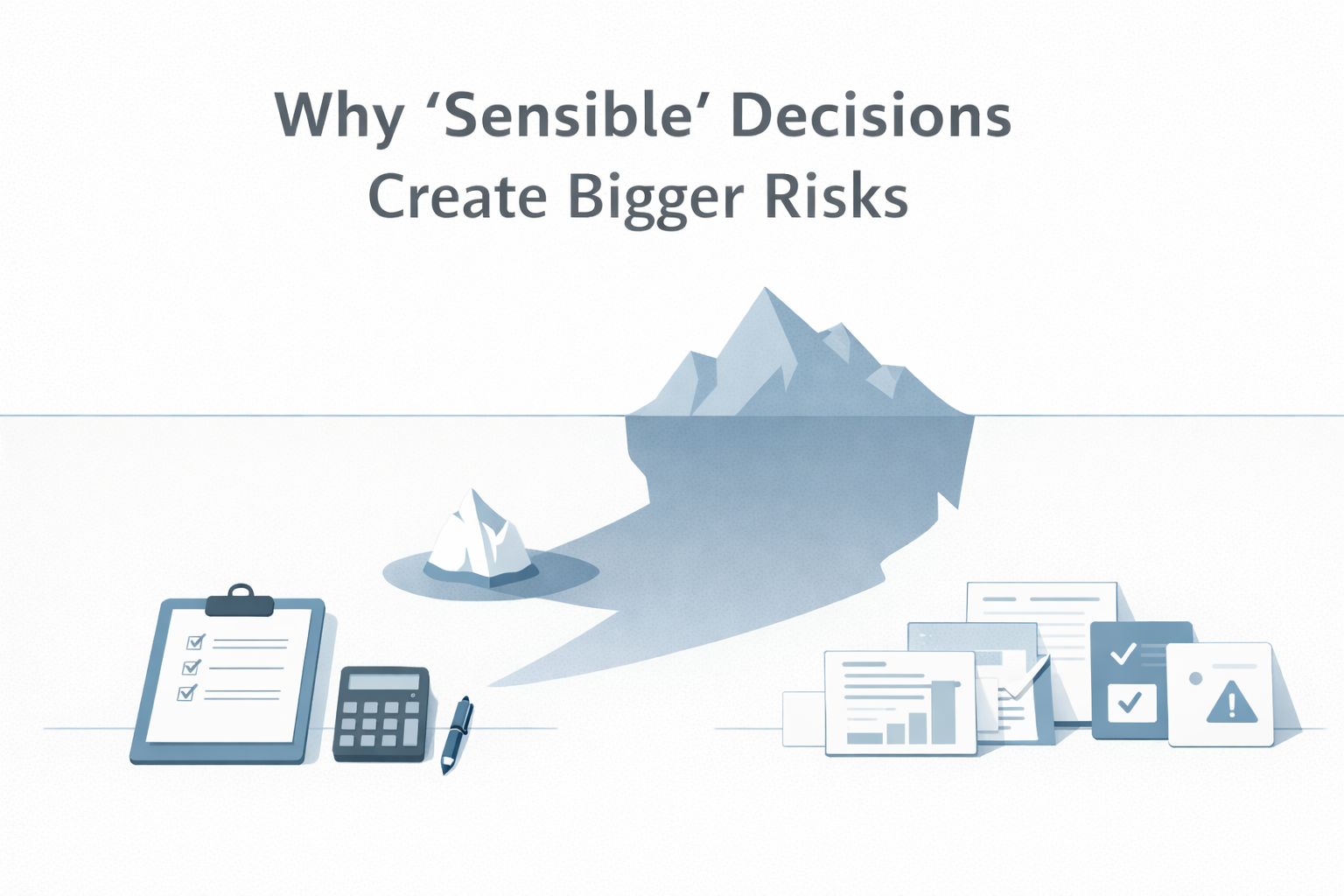 Minimalist illustration of a small visible problem casting a large shadow, symbolising hidden risk.