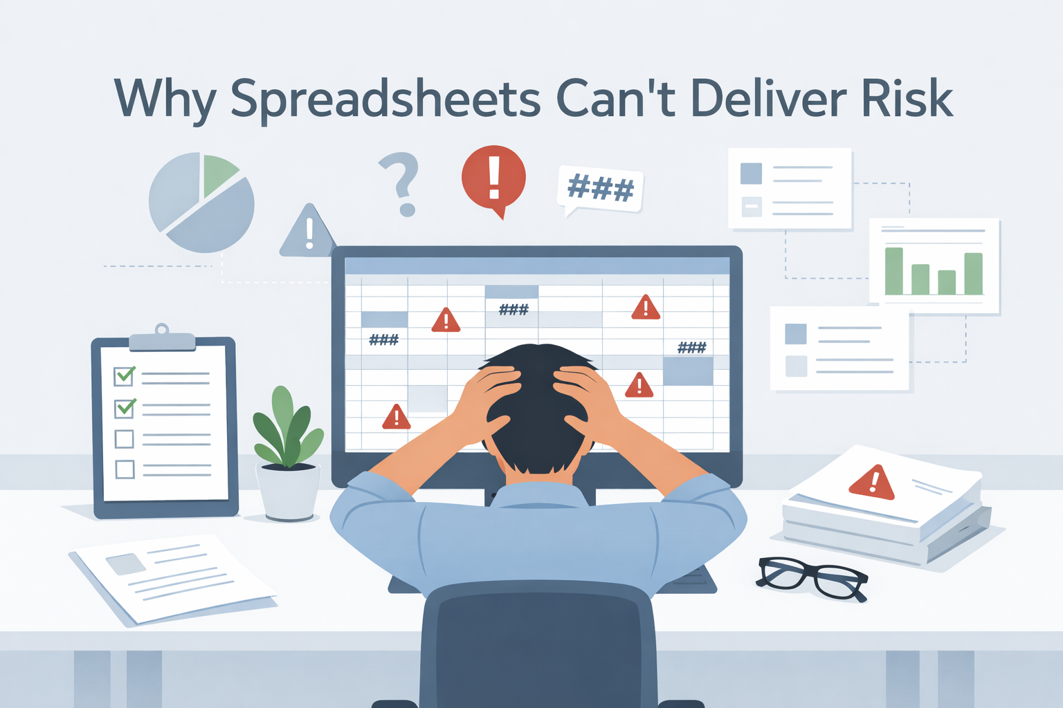 Frustrated person facing an error-filled spreadsheet at a clean desk, illustrating why spreadsheets fail at managing risk.