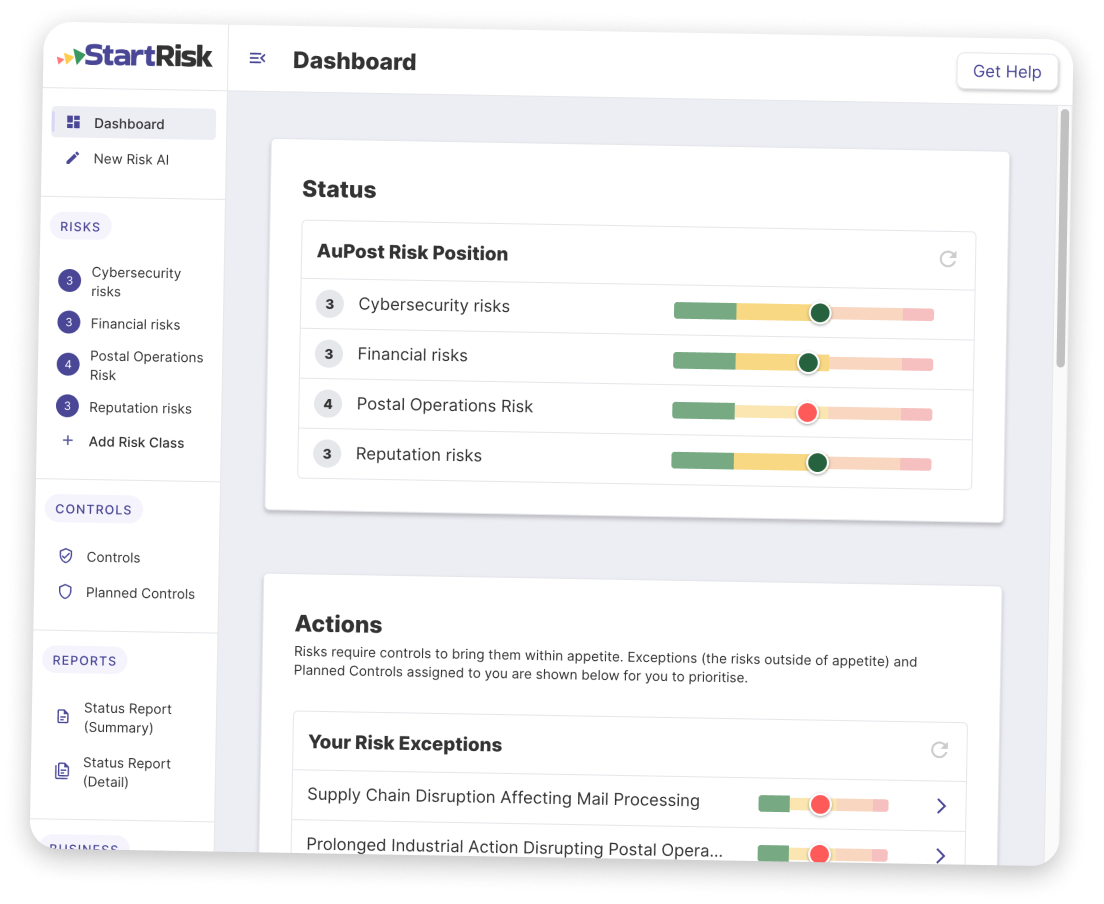 StartRisk dashboard showing strategic position, actionable risks, and overdue reviews.