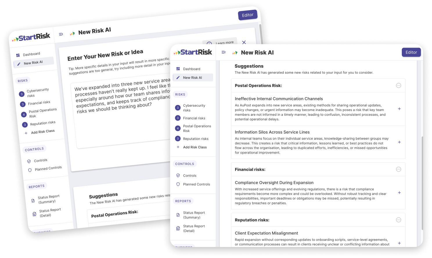 AI risk suggestions view showing detected risks and recommendations.